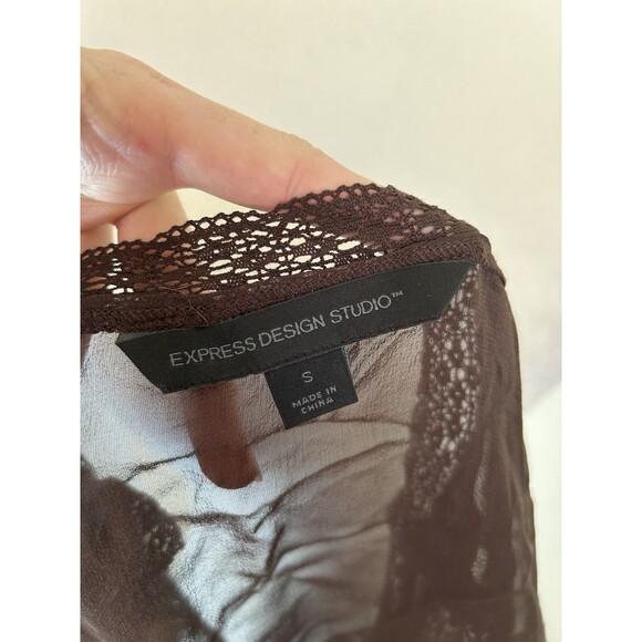 Vintage Express Small 100% Silk Top Blouse Brown Crochet Sheer Peasant Fairy - Picture 4 of 5